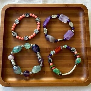 Boho Gemstone Crystal Bracelet Stack - Set of 4 Amethyst Fluorite & More